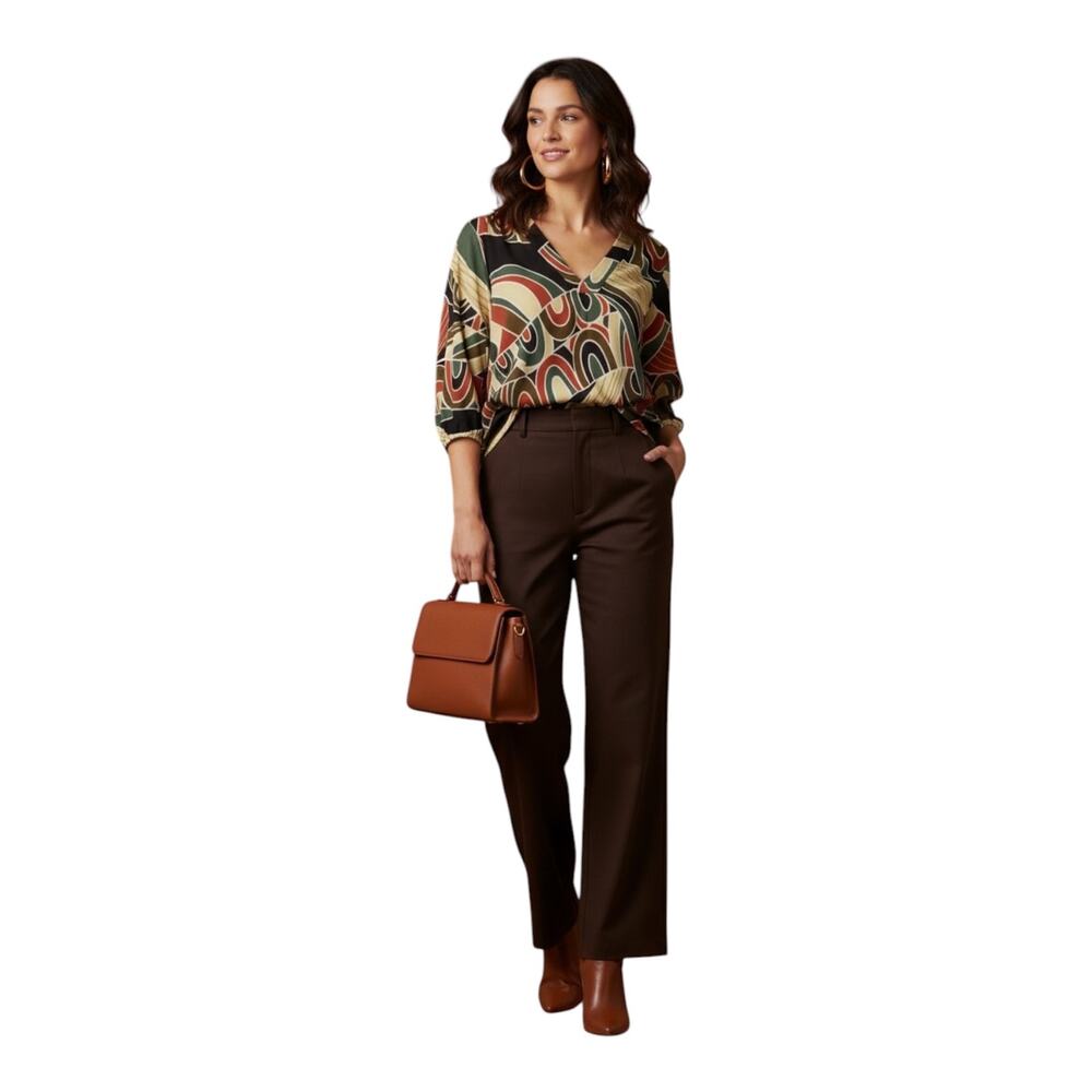 Beeson Rives Abstract Geometric Print V Neck Blouse Retro Boho Multicolor NWOT